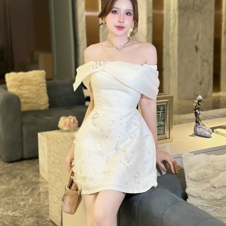 Váy thiết kế- váy taffta trễ vai phối tơ đính đá hoạ tiết khâu thủ công dáng A nữ dáng ngắn Women 6