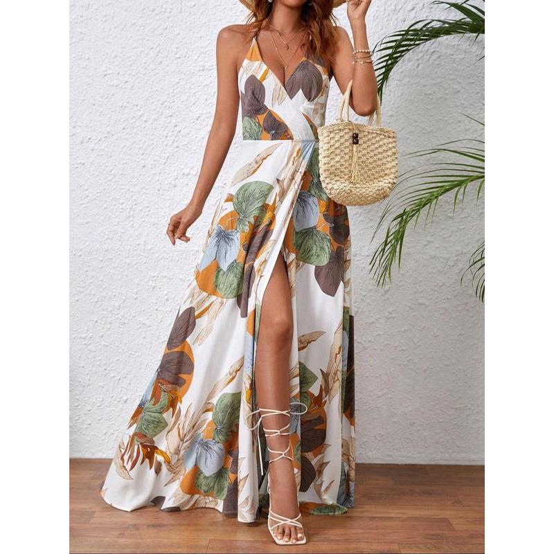 2022 Summer Floral Backless Halter High Split Hollow Out beach dress 2022 Summer Floral Backless Halter High Split Hollow Out beach dress