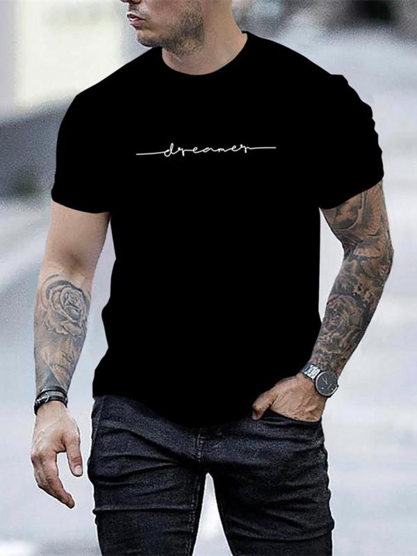 Men's Letter Print Round Neck Tee, Regular Fit Casual Short Sleeve Crew Neck T-Shirt for Summer, Fashion Men's Top for Daily Wear 4