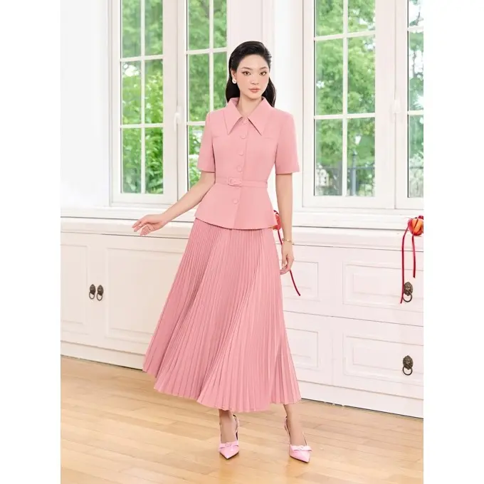 Set áo sơ mi cộc tay phối đai kèm chân váy dài xếp ly Twill Silk Orchid - BT13X047