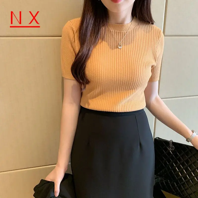 Áo Thun Ngắn Tay Cổ Tròn Cho Nữ, Áo Len Mỏng Và Mỏng 6