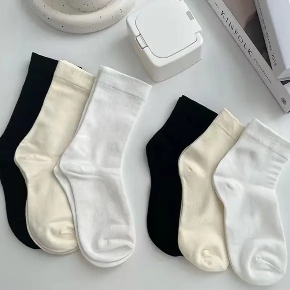 Tất Cổ Cao Nữ, Vớ cotton Cổ Cao Nữ Hàn Quốc Gân Trơn Nhiều Màu M131 Women Trắng
