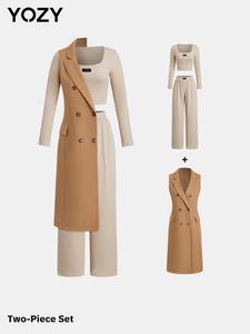 YOZY Women's Solid Double Button Sleeveless Coat & Letter Patched Crop Tee & Elastic Waist Pants Set, Ladies Clothes for Daily Wear