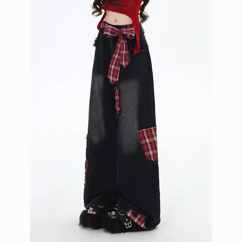 Product Introduction of Quần jeans nữ ống rộng thời trang form rộng Quần Jean Ống Rộng, Cỡ Nhỏ Phong Cách Mỹ Kẻ Sọc Chắp Vá, Có Thắt Nơ, Dành Cho Nữ, Hàng Mới Về Cho Mùa Thu Và Mùa Đông, Quần Dài Dáng Rộng Phong Cách Đường Phố Cao Cấpy2ky2kquần jeans nữquần jean ngầu 1