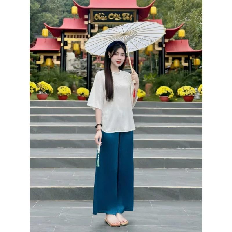  Đồ Lam Đi Chùa,Pháp Phục đi Lễ Nguyên Set bộ bà ba cổ bính tròn đính dây nơ chất gấm hoa kèm quần tuyết nhung cao cấp - NY111224 Nữ Women Áo Kem 