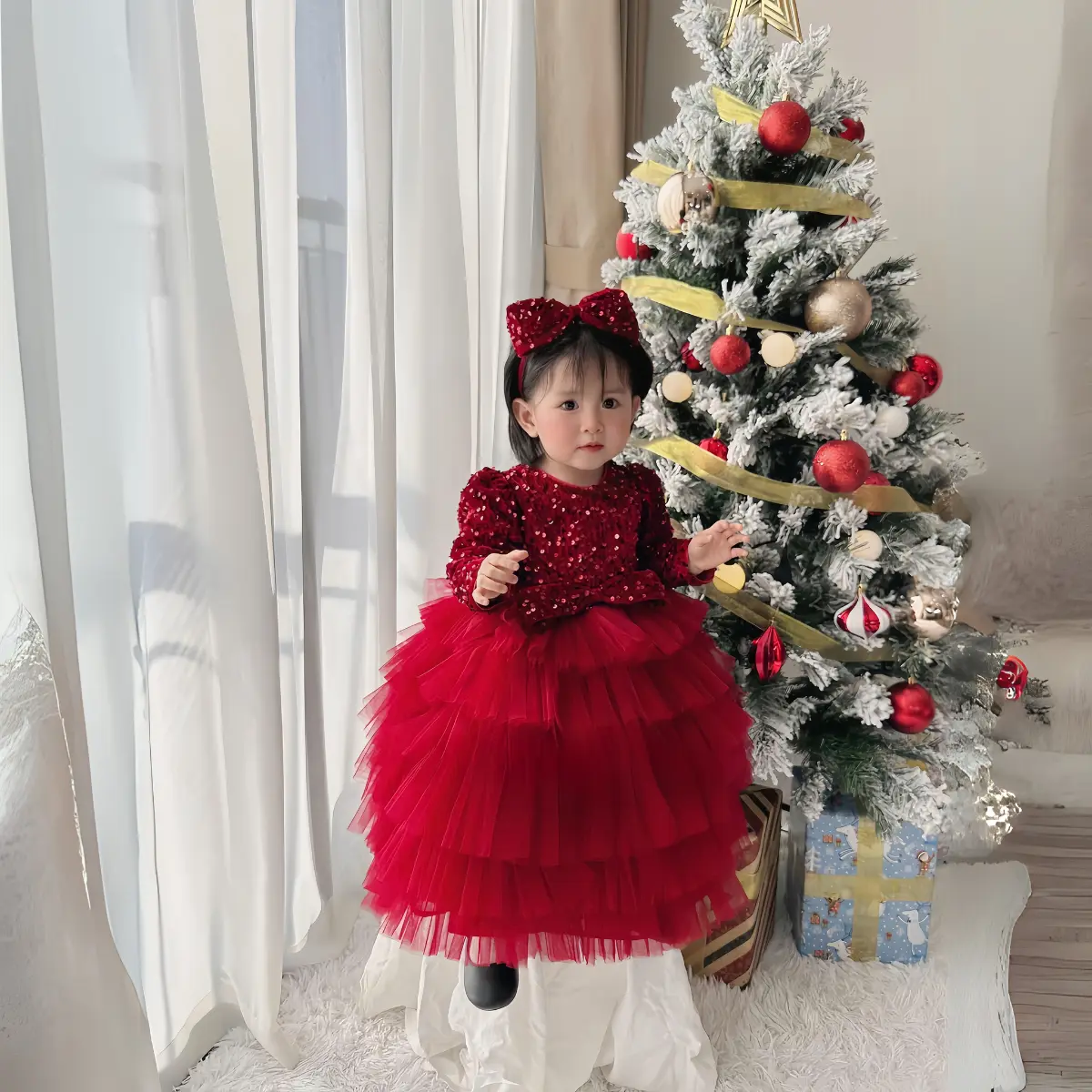 Váy/đầm tết cho bé Váy công chúa kim sa đỏ cho bé gái, đầm công chúa bé gái