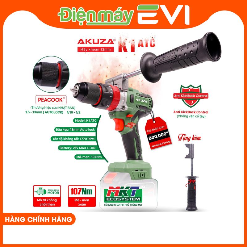 Máy khoan pin thân máy AKUZA K1 ATC chống vặn cổ tay. Đầu kẹp 13mm lực siết tối đa 107Nm