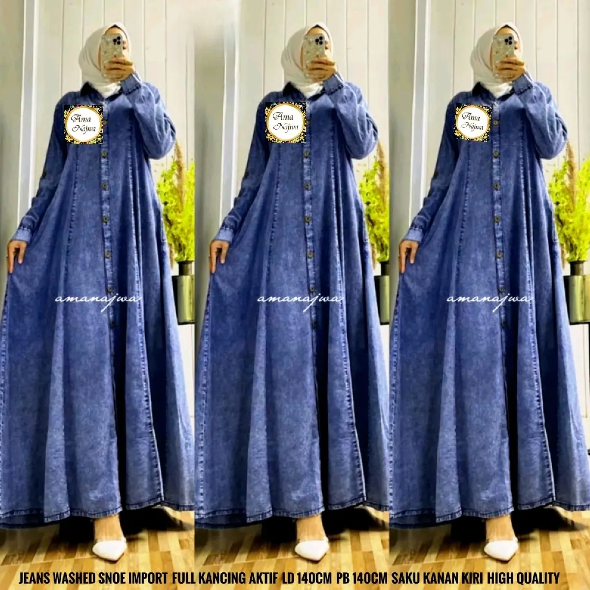 Gamis jeans Jumbo ld 140 cm xxxxl/dress jeans super jumbo Dress Panjang Muslim Kancing Baju Hitam Wanita Maxi Variasi
