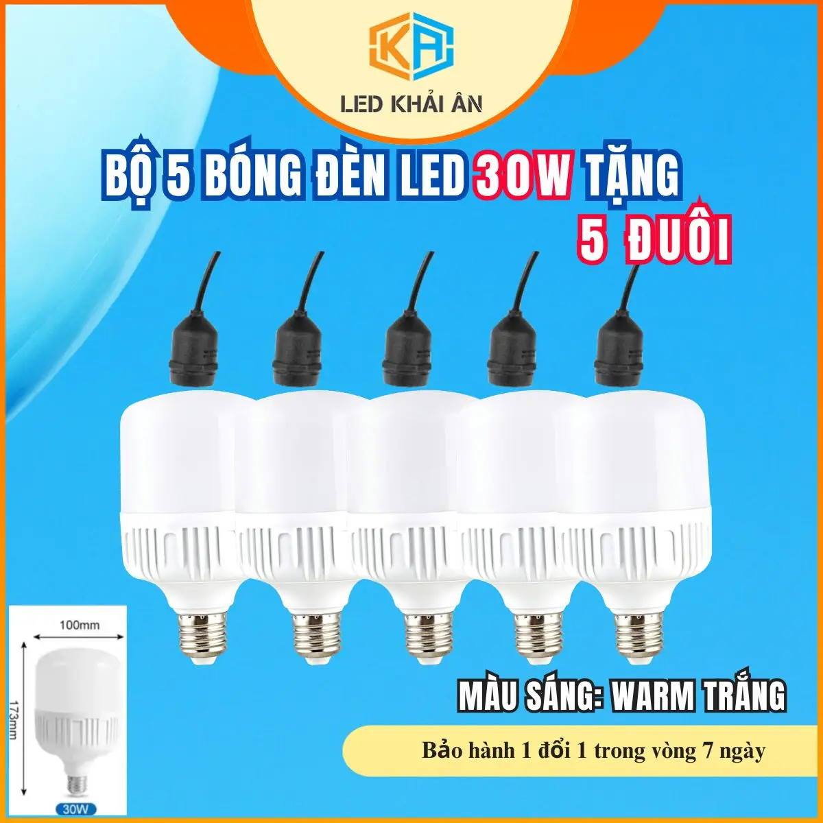 [KM] Combo 5 bóng đèn Led 30W + 5 Đuôi. Đèn led tiết kiệm điện. Bảo hành 12 tháng. đèn led Khải Ân