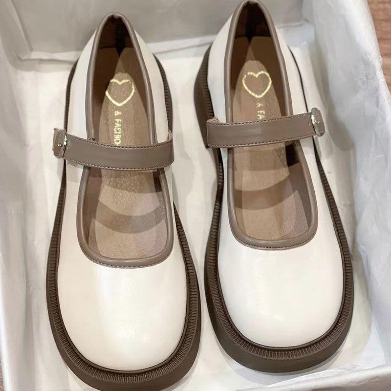 Fashionable Thick-Soled Mary Jane Leather Shoes 2024 Soft-Soled Buckle Retro Low-Cut Chunky Heel Shoes with Single-Layer Shoes 7