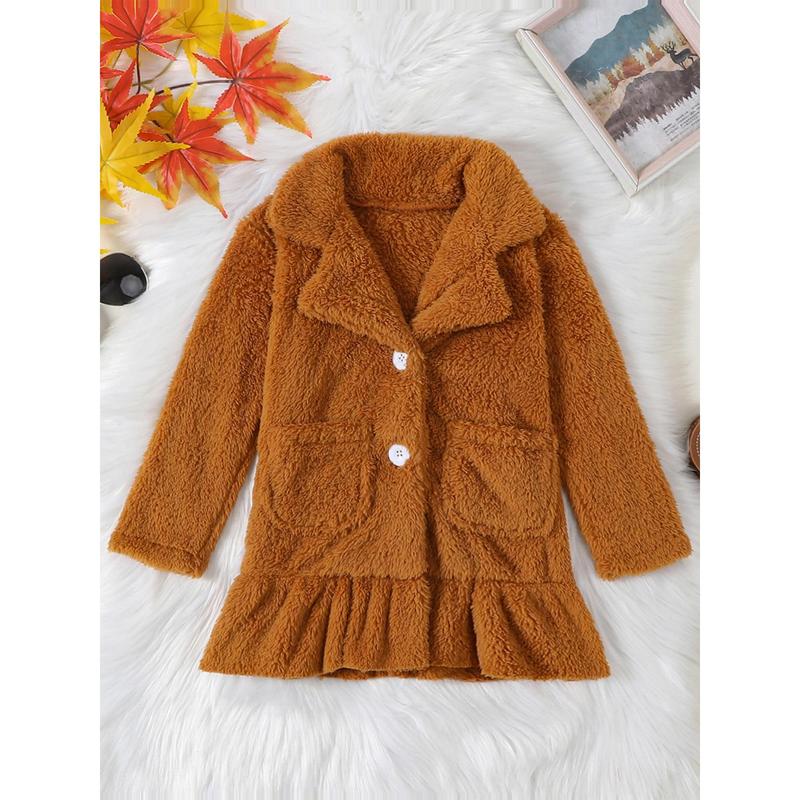 Girls Plush Jacket, Long Sleeve Turn-down Collar Button Closure Winter Jacket Casual Coat 1