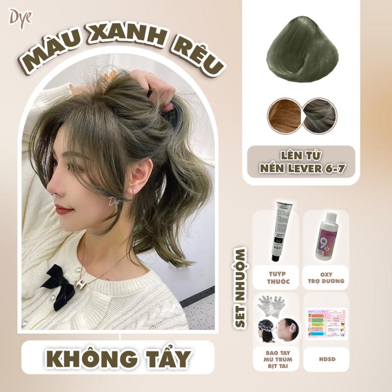 Thuốc nhuộm tóc màu Xanh Rêu, nâng tone, Dyehair, tặng kèm oxy trợ dưỡng và bao tay, Không chứa silicon Đổi Màu Tóc