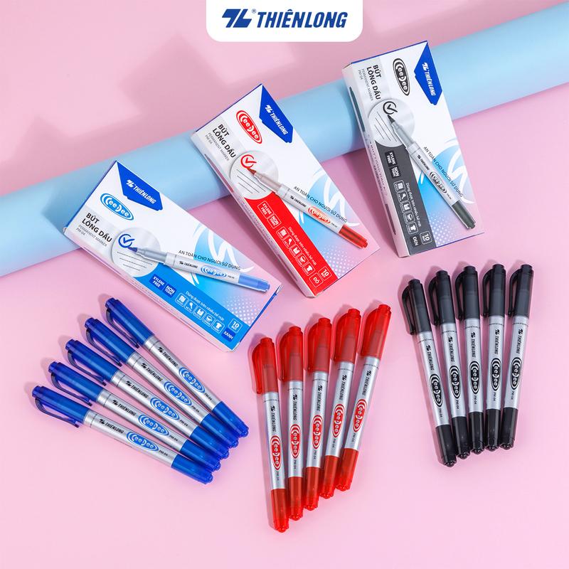 Bút lông dầu 2 đầu bút Thiên Long PM-04 bám dính tốt trên các vật liệu: Giấy, gỗ,nhựa, thủy tinh, gốm, sứ, đĩa CD