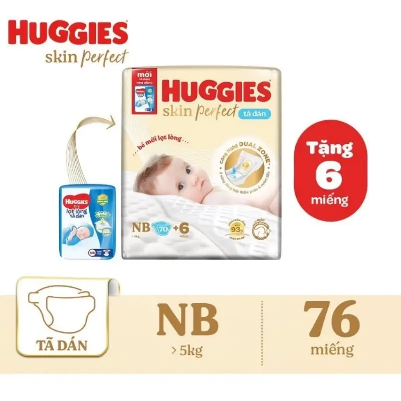 Bỉm tã dán Huggies Skin Perfect NB70+ 4(số miếng tặng có thể thay đổi tùy theo lô nhập hàng) cho bé dưới 5kg công nghệ Dual Zone siêu thấm, chống kích ứng cho bé