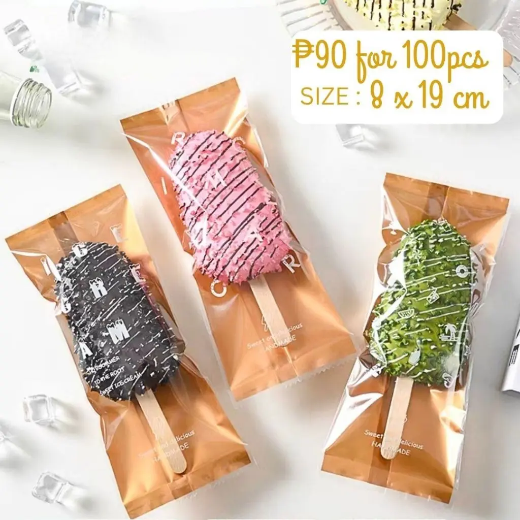 100pcs Graham Bar Packaging 8x19 Ice Cream Plastic Heat Seal Wrapper Ice Cream Gold Clear Popsicles Bakeware Utensils DIY
