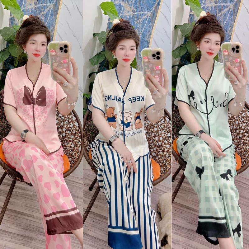 [40 tới 70kg] pijama Đồ bộ lụa xước quần dài áo cộc tay viền lé mềm mát mặc nhà