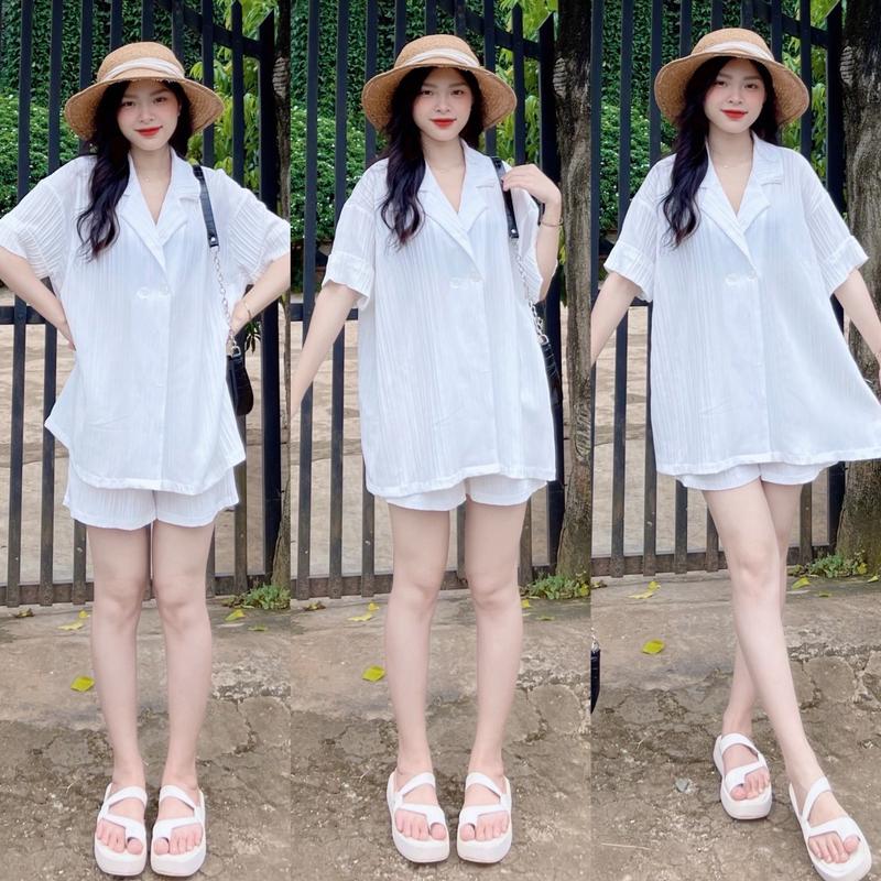 Set sơmi cổ vest chất gân siêu xinh