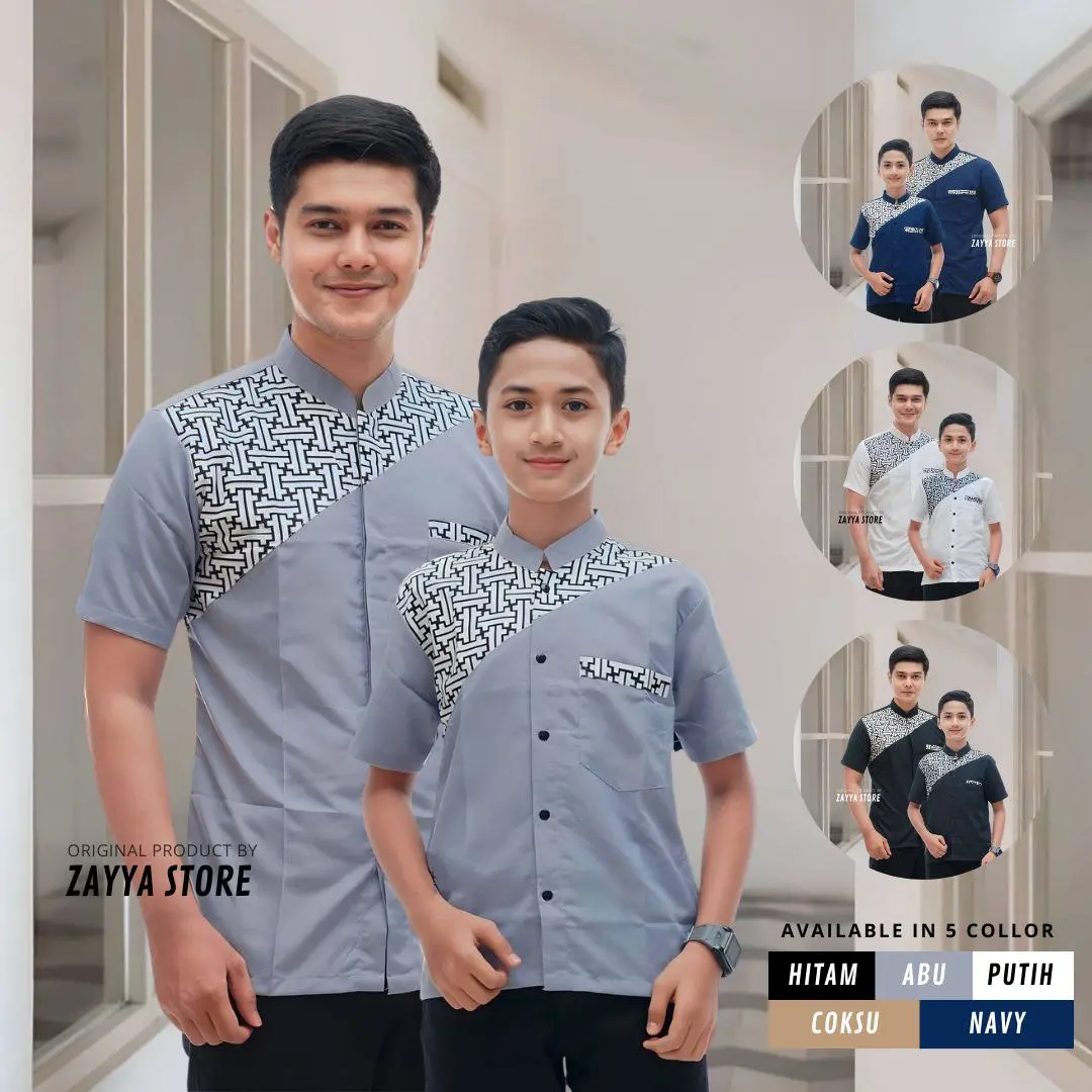 Baju Koko Pria  Ayah & Anak 2-9 tahun Muslim Lengan Pendek Kombinasi Motif