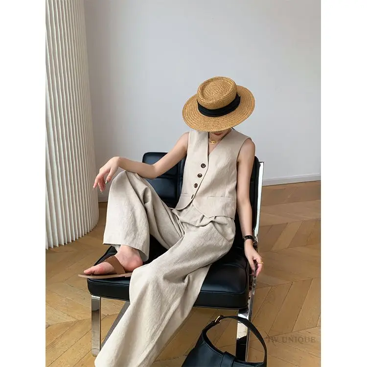[] Fashion Casual Two-Piece Suit Women's Summer 2024 New Korean Style Casual Sleeveless Vest Top Suit Wide-Leg Pants Womenswear Overalls Lingerie Lady Comfort Trouser Basic Minimalist