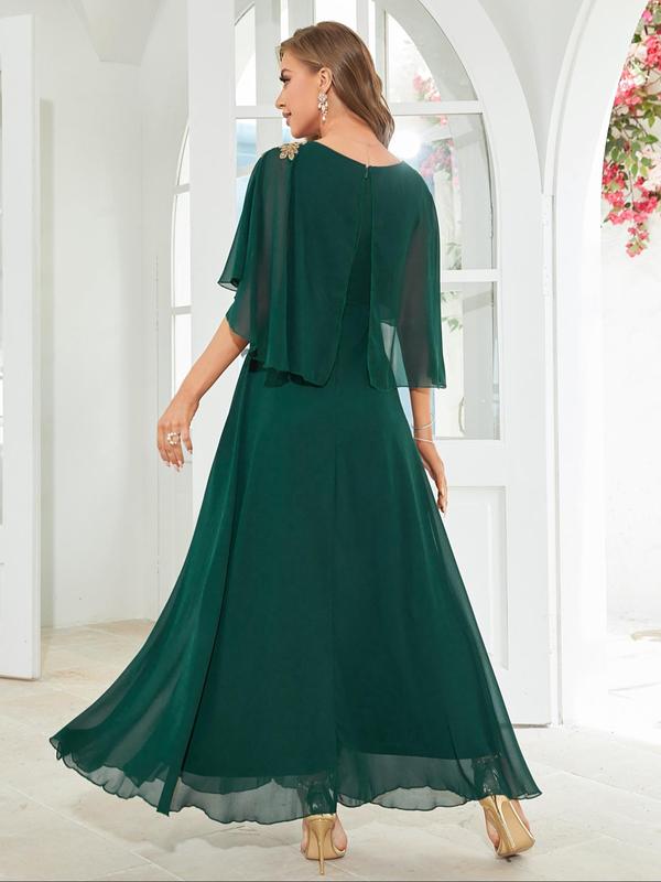 Women's Plain Cloak Sleeve Chiffon Evening Dress, Dresses Summer, Elegant Round Neck Half Sleeve Dress for Prom Wedding Guest, Ladies Summer Clothes 1