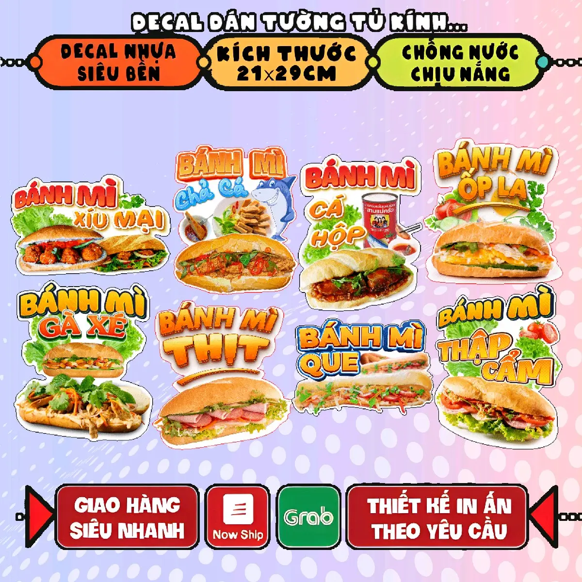 Decal bánh mì trang trí quán nước, tường, tủ kính - bền đẹp chống nước cắt sẵn - Decor xe, Decor Phòng