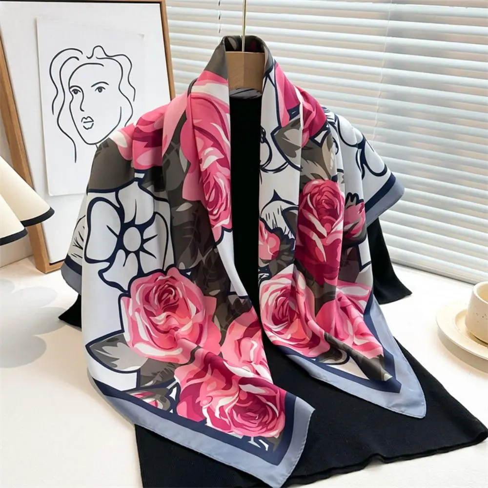90x90cm Women Luxury Silk Scarf Breathable Print Bandana Spring Smooth Hijab