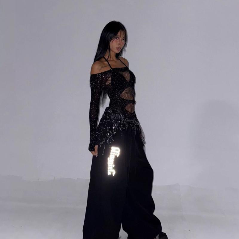 Product Introduction of Áo Jumpsuit Quần Cô Gái Nóng Bỏng Gợi Cảm, Phong Cách INS Châu Âu Và Mỹ Dài Tay, Áo Phông Áo Xuyên Thấu Khiêu Vũ khoét Áo Múa Jazz Dáng Ôm 11