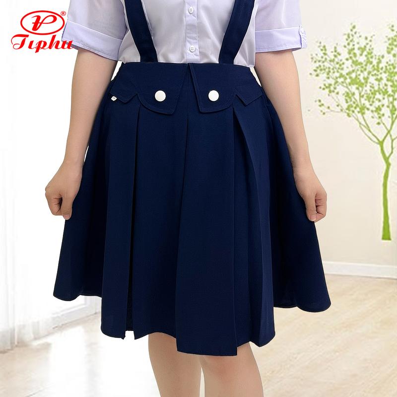 Váy yếm bé gái đi học màu xanh, lưng thun phía sau, có dây, vải lụa gân không nhàu, Amazing