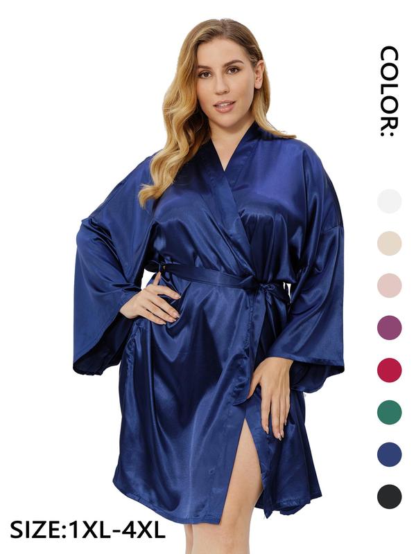 Plus Size Solid Belted Wrap Drop Shoulder Satin Robe, Casual Long Sleeve V Neck Dressing Gown for Daily Home Wear, Women's Sleepwear for All Seasons 3