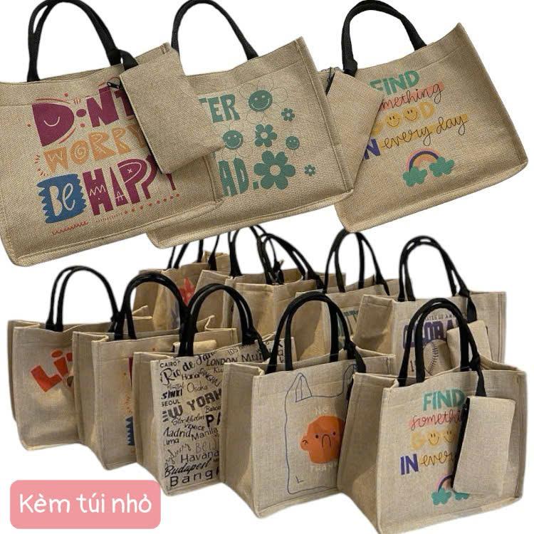 Túi cói họa tiết, túi cói đi biển (tặng kèm túi cói nhỏ), túi tote quai xách cho nữ Bag Kem Đeo Vai Chữ Nhật Hoa Hình Chữ Nhật