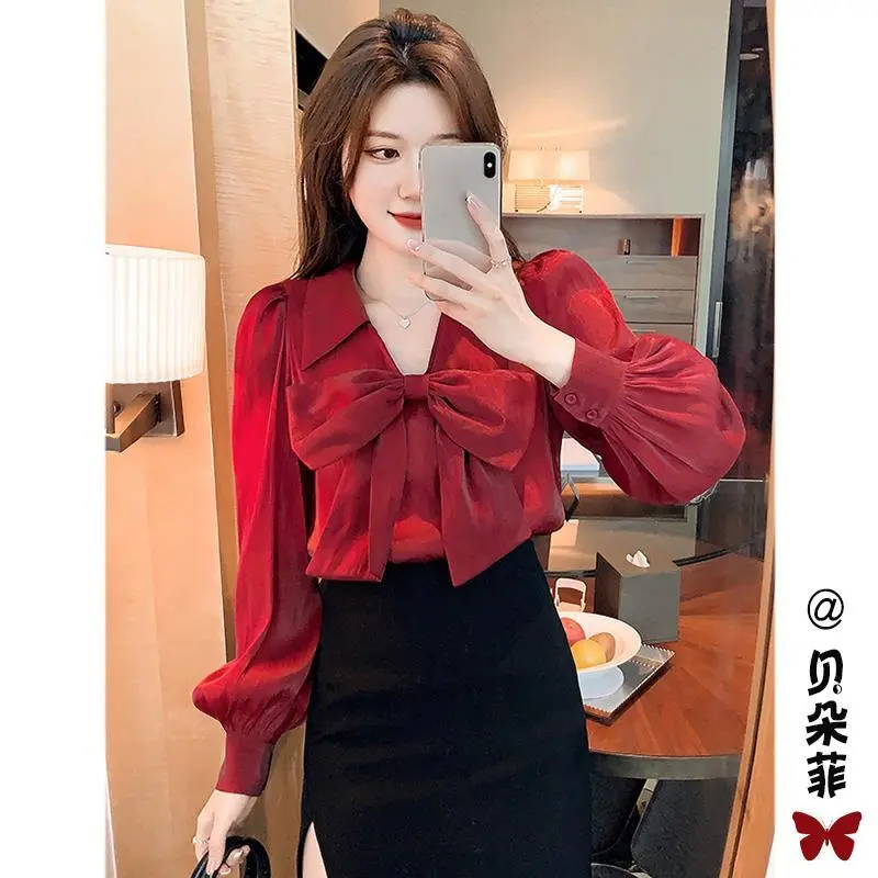 Áo Sơ Mi Nơ Cổ Chữ V, Thiết Kế Xinh Xắn Của Phụ Nữ, Độc Đáo, Dài Tay Áo, Thích Hợp Cho Mùa Thu, Hàng Mới Về 2023, Áo Voan Đỏ Thanh Lịch
