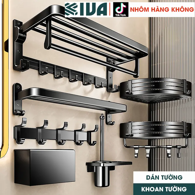 Kệ để đồ nhà tắm KIVA màu đen, chất liệu nhôm hàng không, kệ phòng tắm mới năm 2024, bảo hành 10 năm. Lắp đặt dán tường, khoan tường.