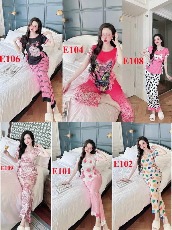 Lụa latin Đồ bộ pijama nữ lụa mặc nhà bộ ngủ lụa latin quần dài áo tay ngắn cổ tròn thắt nơ eo Xuân Tết 2025