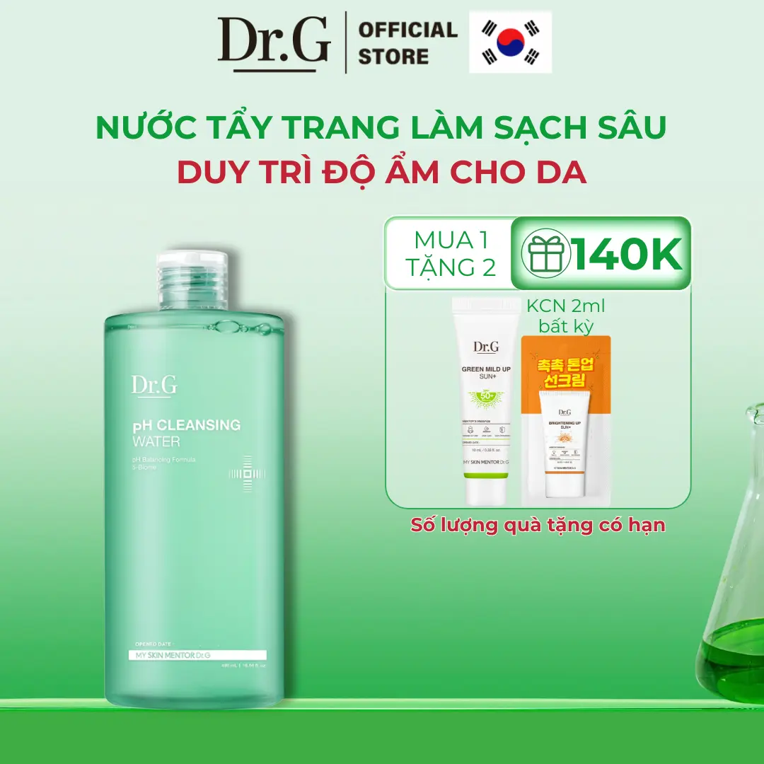 (Quà tặng 1 Kem chống nắng Green Mild Up 10ml + 1 Kem chống nắng Brightening 2ml)Nước tẩy trang cho da nhạy cảm Dr.G pH Cleansing Water 490ml
