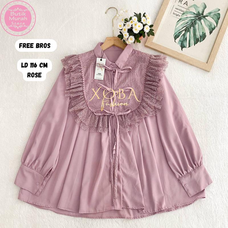 Xoba LD 110,116 cm dan LD 120 cm 3544 Atasan Wanita Blus Poka Baju Panjang Kasual Brokat Renda 7