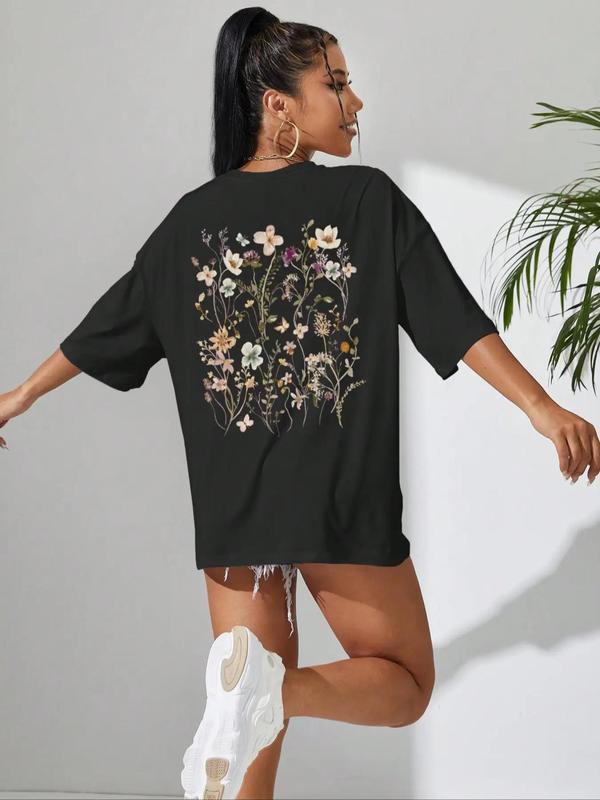 Women's Summer Ditsy Floral Print Drop Shoulder Tee, Casual Half Sleeve Round Neck T-Shirt for Daily Wear, Ladies Summer Clothes 3