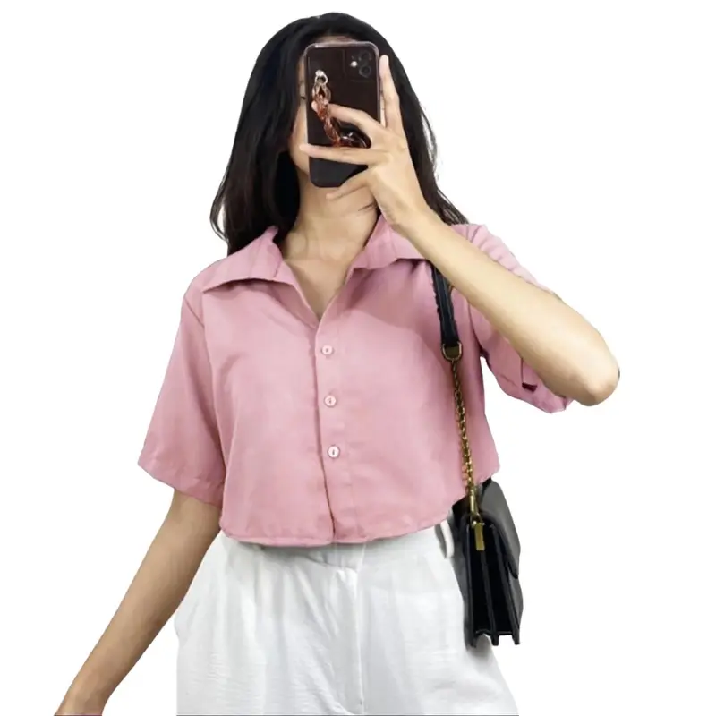 Kemeja Crop Wanita Lengan Pendek Korean Outfit Style Bahan Shakila Twill 0