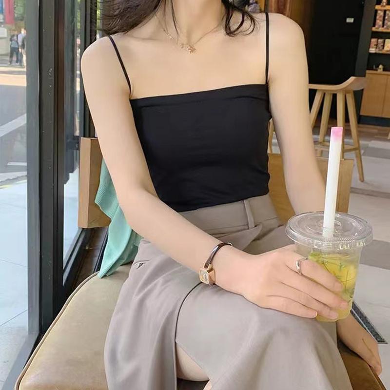 Áo Vest Hai Dây Màu Trơn Phong Cách Mùa Hè, Dành Cho Nữ, Có Đệm Ngực Một Mảnh, Dây Đeo Vai Mỏng, Áo Ống Cơ Sở Dây Đeo, Có Thể Mặc Ngoài Trời, Áo Thời Trang, Cô Gái Gia Vị 3