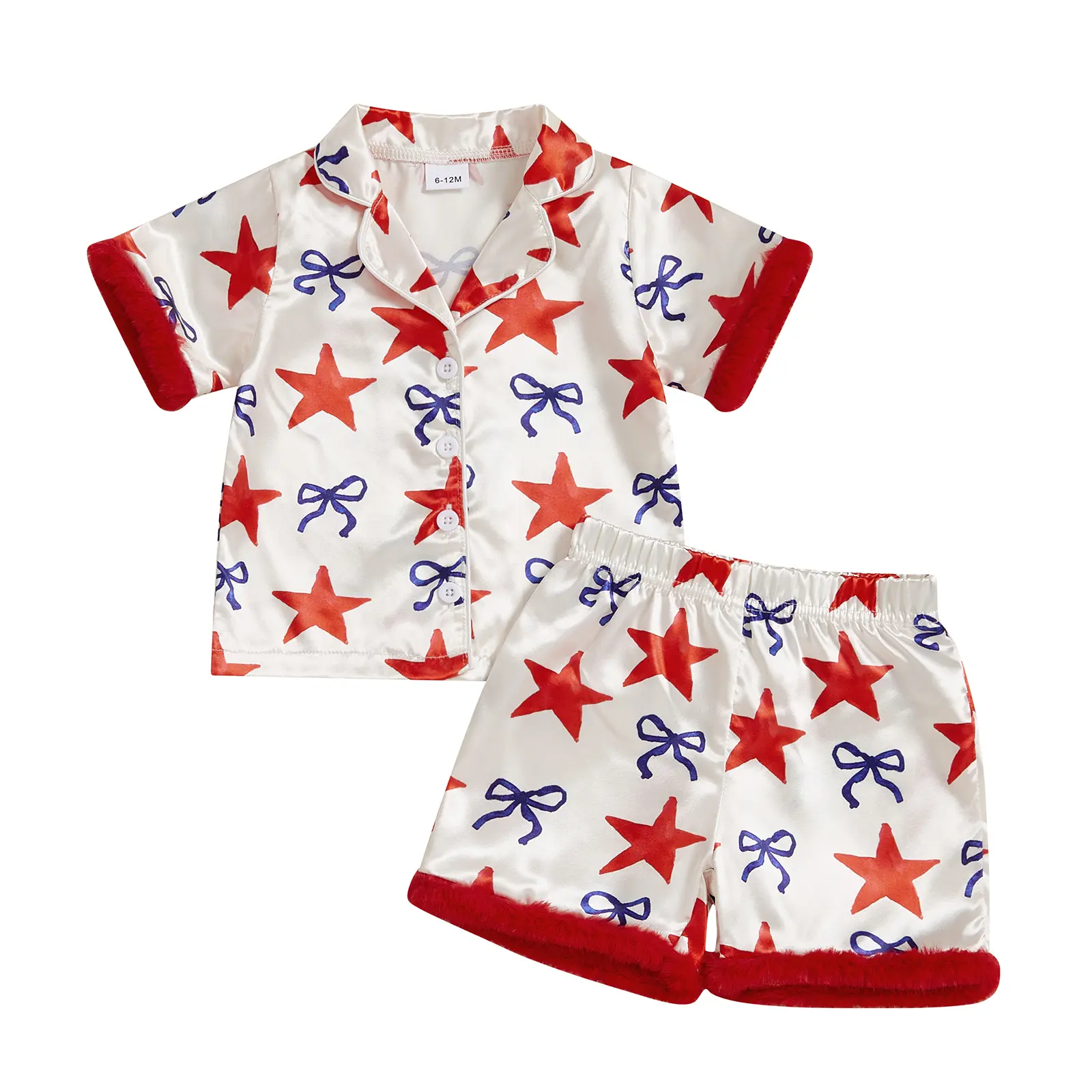 Girl 4th of July Pajamas Set Star Print Lapel Plush Cuffs Short Sleeve Button Down Tops with Shorts Summer Satin Sleepwear