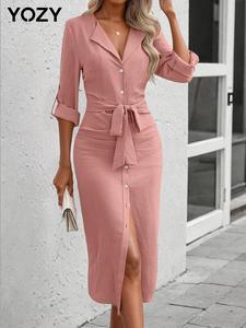 YOZY V Neck Belted Ruched Shirt Dress/ Elegant Long Sleeve Lapel Neck Button Front Dress, 2024 Women's Business Wear for Spring & Autumn