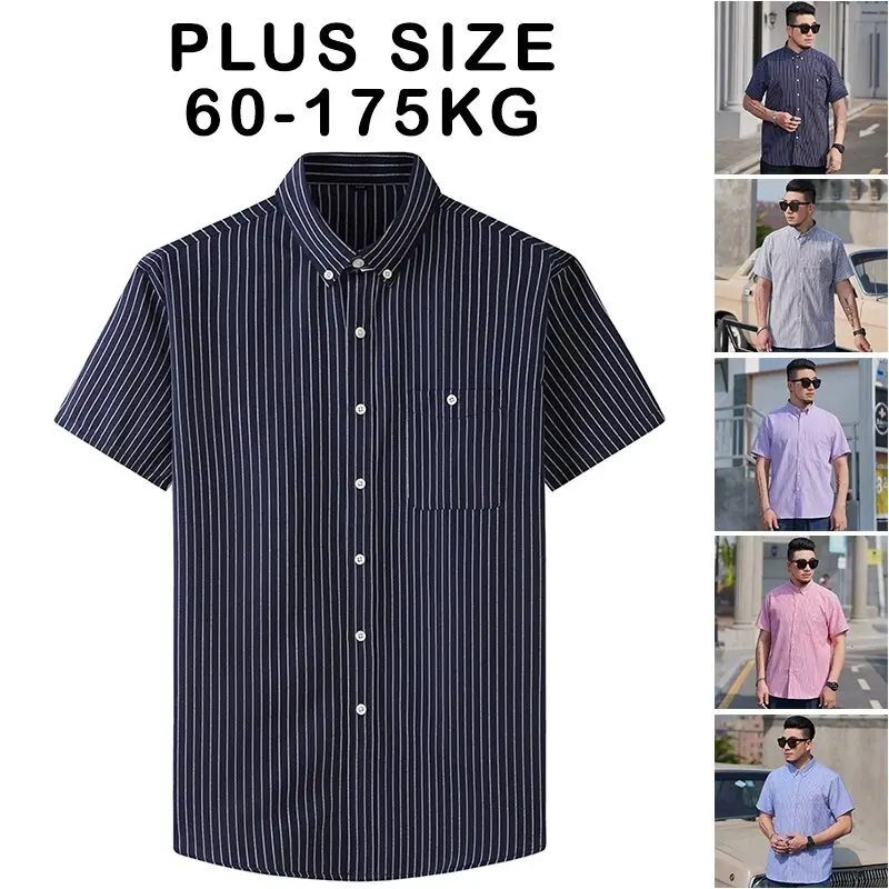 【Plus Size】60-175KG Men Striped Shirts Big Large Size Oversized Casual Loose Short Sleeve Business Tops