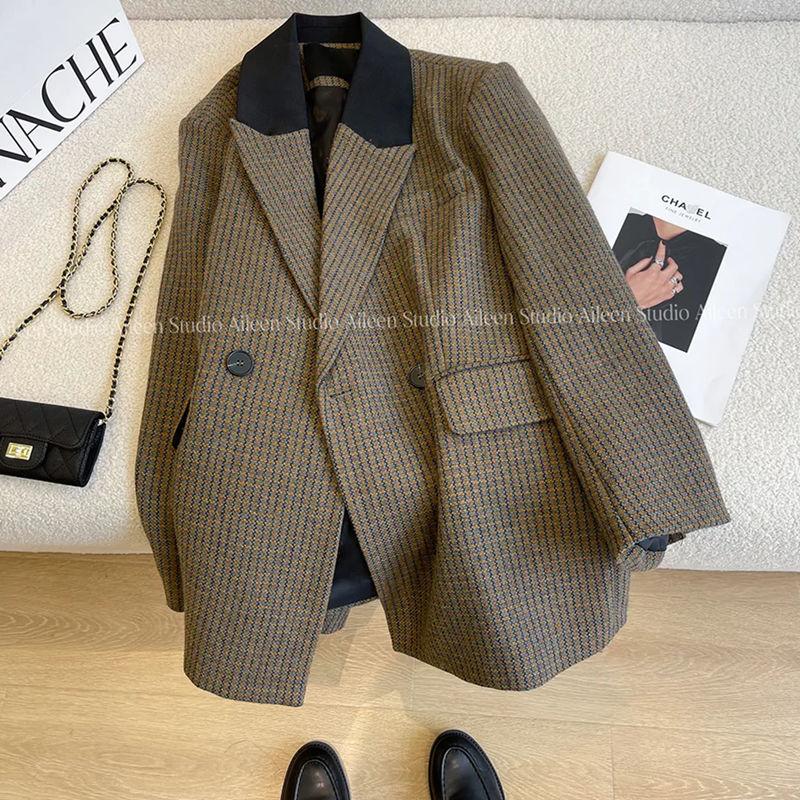 Áo Blazer Len, Họa Tiết Răng Nanh Dành Cho Nữ, Hàng Mới Về 2024, Phong Cách Hàn Quốc, Dày Dặn, Cổ Điển, Dáng Rộng Vừa Vặn, Áo Âu Phục 0