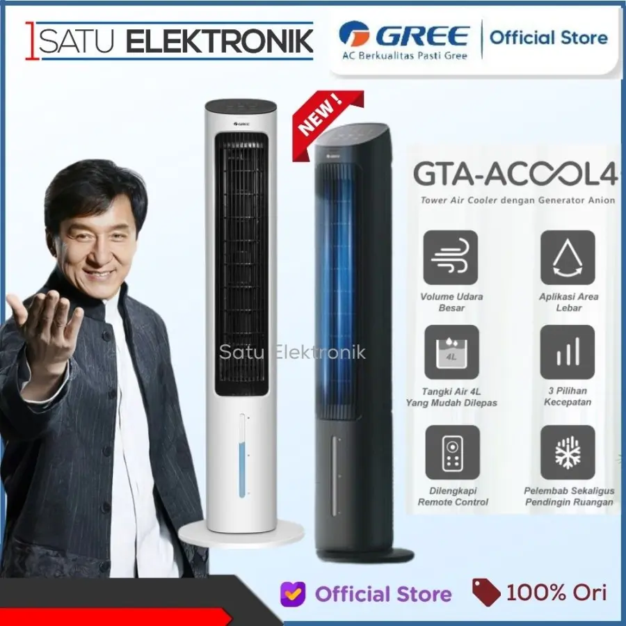 GREE GTA-ACOOL4 Tower Fan Air Cooler Low Watt Pendinginan cepat dengan FREE Ice Pack - Hitam Putih