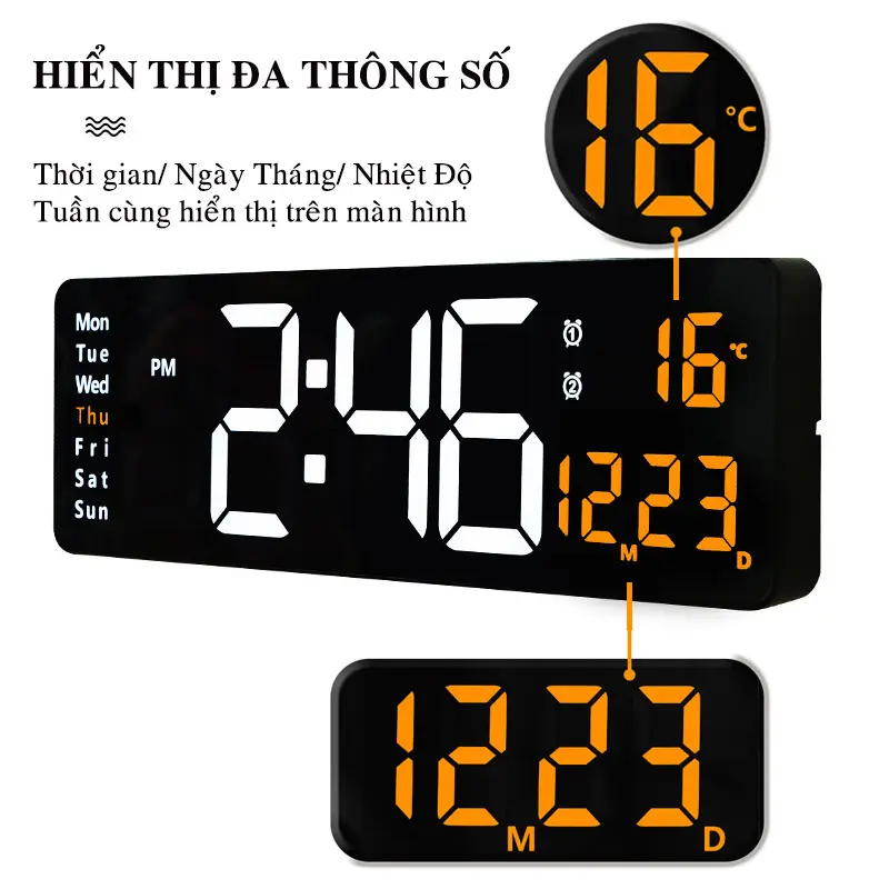 Đồng Hồ LED Điện Tử Treo Tường Màn Hình Lớn 16Inch Điều Khiển Từ Xa Đa Chức Năng Decor Phòng 6