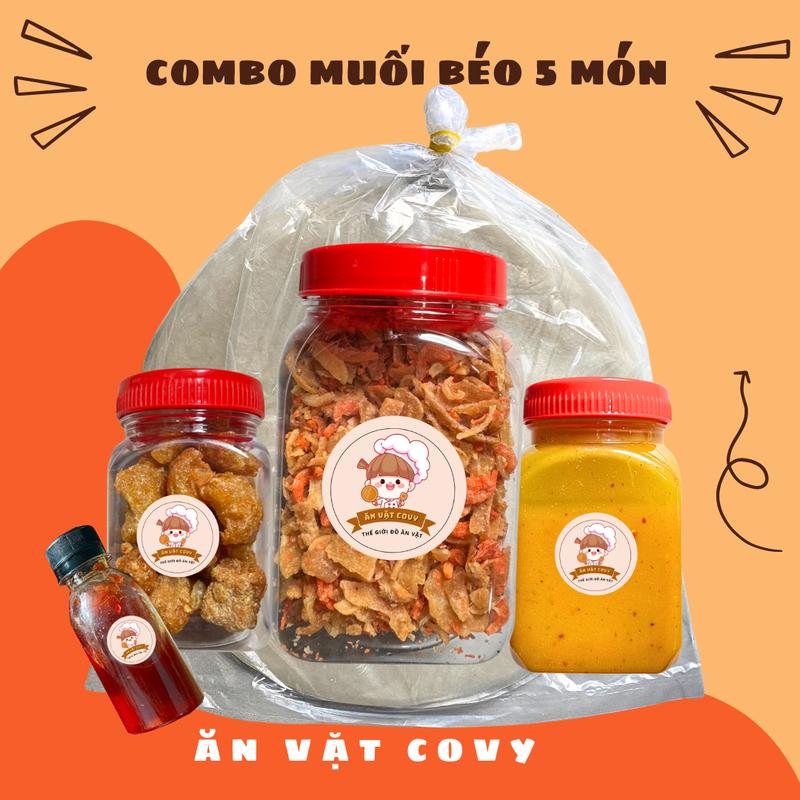 combo muối béo 5 món : Bánh tráng phơi sương, muối béo, ruốc hành phi, tóp mỡ tặng kèm sốt tắc - Ăn vặt Cô Vy
