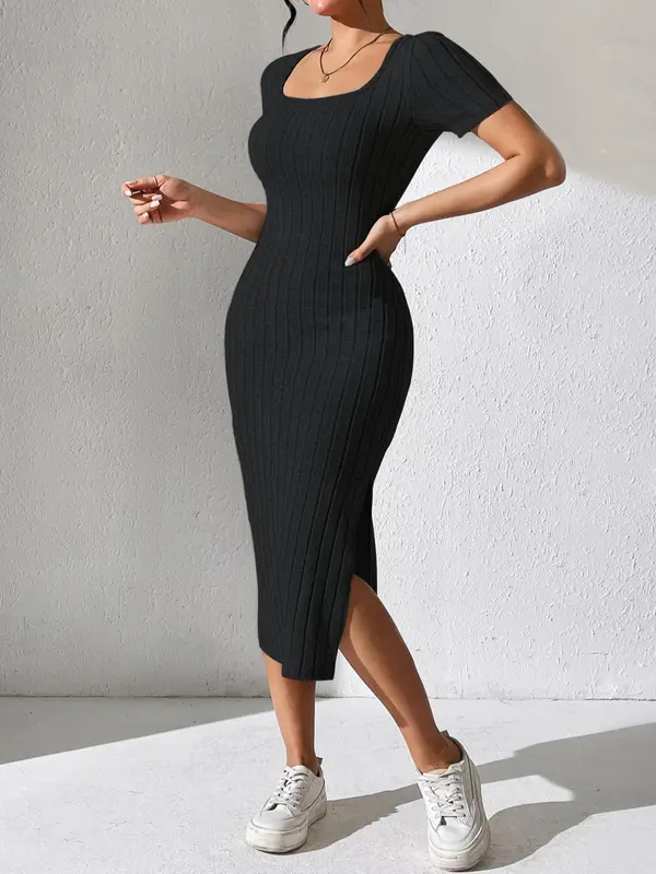 Women's Plain Split Thigh Square Neck Short Sleeve Dress, Summer, Summer Clothes, Dresses Summer, Summer Clothes Casual Short Sleeve Midi Dress, Women's Clothing 7