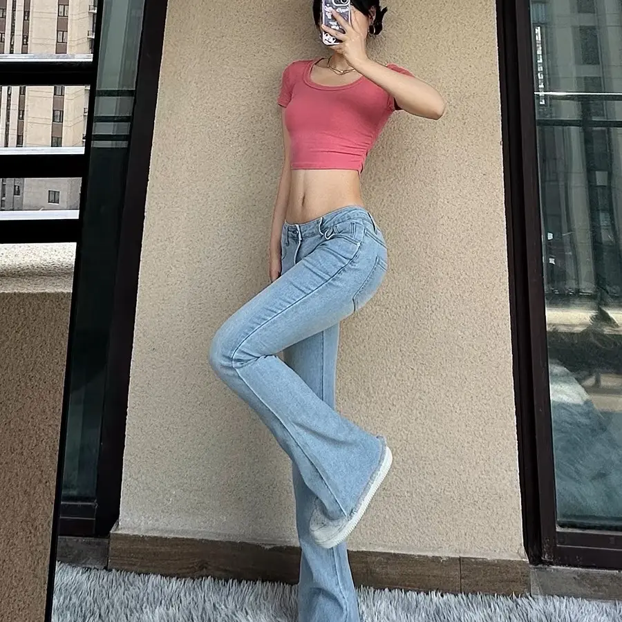 Quần jean lưng thấp 3 màu xanh jean đen xanh đậm Nữ