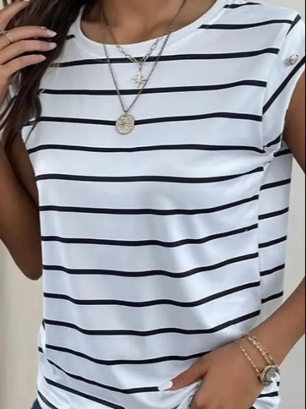 Women's Striped Print Tank Top, Casual Button Decor Round Neck Top for Summer, Ladies Clothes for Daily Wear 2