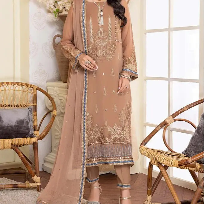 Charizma Stitch Clothing | 3Pc Ready to Wear Embroidered Comfort Chiffon Dress With Embroidered Trousers & scarf Traditional Womenswear shawl suit asian dresses pakistani casualwear the party desi