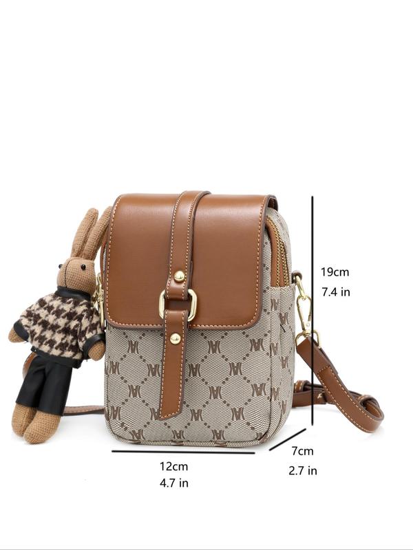 Women's Cute Geometric Pattern Phone Wallet Bag,  Trendy Vintage Crossbody Bag with Rabbit Charm, Chic All-match Crossbody Bag for Daily Use 1